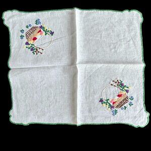 1950s Linen Embroidered Easter Basket Cover or Table Runner